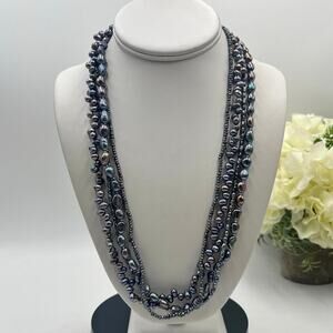 Black Freshwater Pearl Multi-Strand Necklace‎ Baroque Peacock Silver Tone Clasp